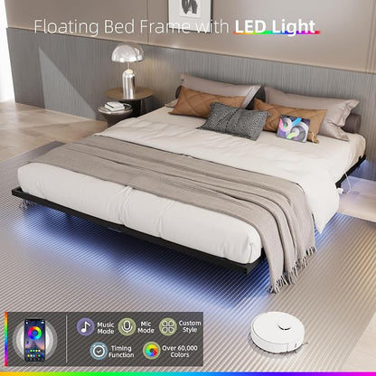 Floating Bed Frame King Size with Charging Station and LED Lights, Metal Platform Bed Frame, No Box Spring Needed, Easy Assembly, (King)