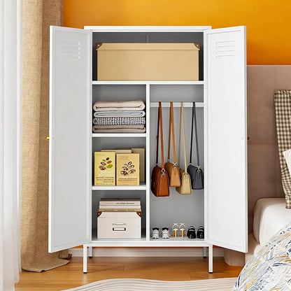 2 Door Metal Cabinet with Hanging Rod and 2 Freely Adjustable Shelves,Storage Locker Cabinet Closet for Home,Office,Garage (Storage Cabinet, White)