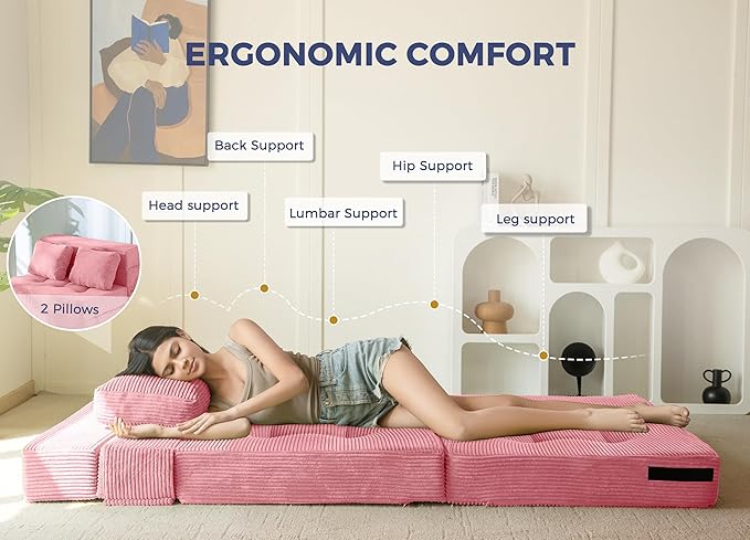 MAXYOYO Convertible Sofa Bed, Fold Out Sofa Couch with Pillow, 4 in 1 Tufted Folding Couch Bed Foam Floor Couch, Lazy Chair for Living Room Bedroom Guest Room, Pink