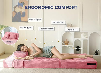 MAXYOYO Convertible Sofa Bed, Fold Out Sofa Couch with Pillow, 4 in 1 Tufted Folding Couch Bed Foam Floor Couch, Lazy Chair for Living Room Bedroom Guest Room, Pink