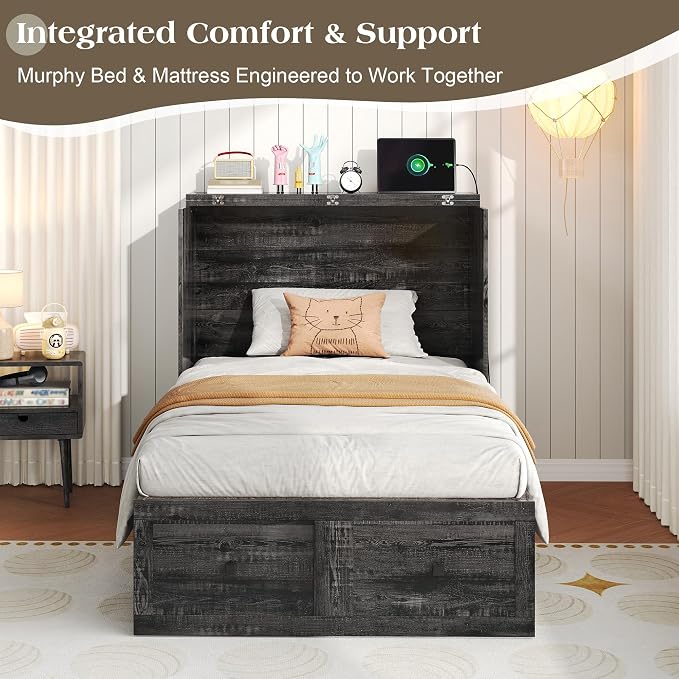 LUXOAK Twin Murphy Bed with 6" White Tri-Fold Memory Foam Mattress, Storage Drawer & Charging Station, Space-Saving Design for Home Office or Guest Room, Black Oak