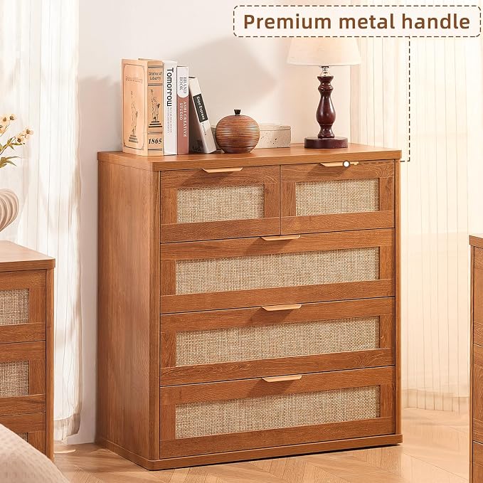 LEYAOYAO Rattan Dresser for Bedroom, 33.5" Tall Chest of Drawers, Modern 5 Drawers Boho Dressers with Storage, Vintage Brown Dresser Wooden Closet Organizer for Living Room, Hallway