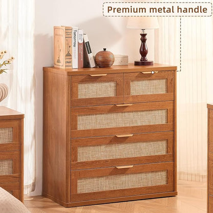 LEYAOYAO Rattan Dresser for Bedroom Set of 2, 33.5" Tall Chest of Drawers, Modern 5 Drawers Boho Dressers with Storage, Vintage Brown Dresser Wooden Closet Organizer for Living Room, Hallway