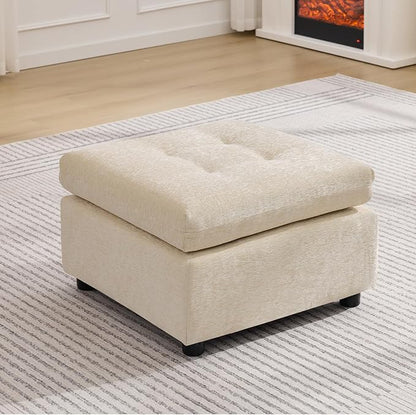 24" Square Modular Ottoman for Sectional Sofa, Tufted Chenille Upholstered Footrest, Cloud Sofa Ottoman for Living Room, Beige