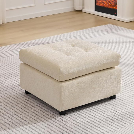 24" Square Modular Ottoman for Sectional Sofa, Tufted Chenille Upholstered Footrest, Cloud Sofa Ottoman for Living Room, Beige