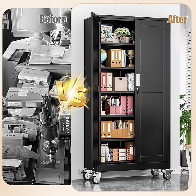 74" H Metal Pantry Storage Cabinet with Wheels,Rolling Kitchen Pantry Cabinet with 2 Doors and 5 Adjustable Shelves, Locker Steel Cabinet,Organization Cabinet for Garage,Home,Gym,School,Black