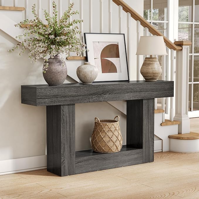 LITTLE TREE 63 Inches Long Console Table, 2-Tier Farmhouse Sofa Table Behind Couch, Large Narrow Entryway Table for Living Room, Wooden Hallway Foyer Table with Heavy Duty Base, Grey