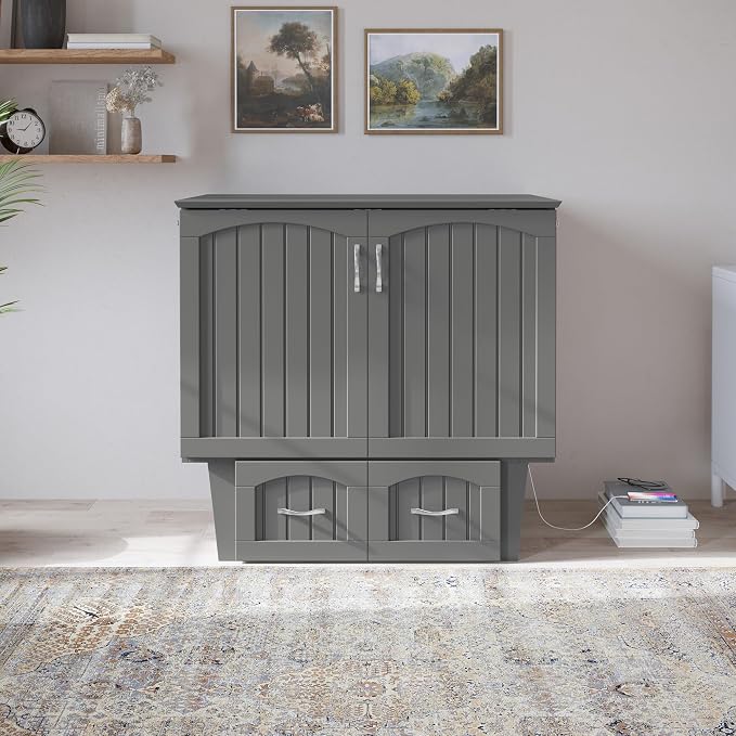 AFI, Nantucket Twin Murphy Bed Chest with Mattress, Storage Drawer and Built-In USB Charger, Grey