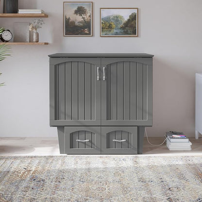 AFI, Nantucket Twin Murphy Bed Chest with Mattress, Storage Drawer and Built-In USB Charger, Grey
