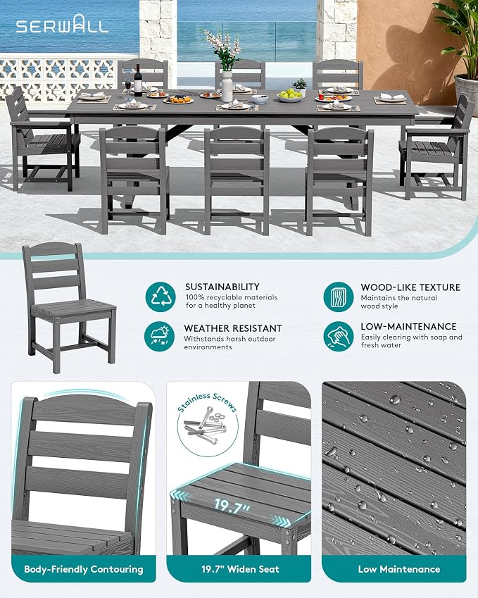 SERWALL 9 Piece 84" HDPE Outdoor Dining Set with 6 Armless Chairs, 2 Armchairs and Umbrella Hole for 8, Gray