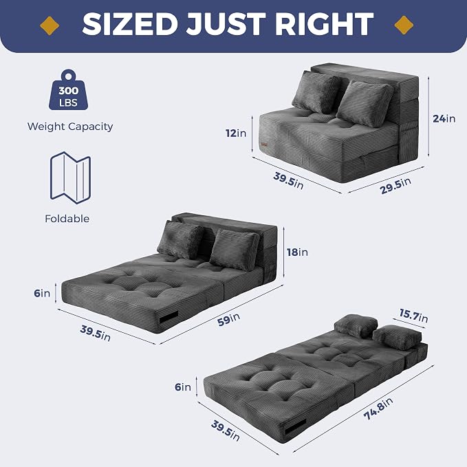 MAXYOYO Convertible Sofa Bed, Fold Out Loveseat Sofa Couch with Pillow, 4 in 1 Tufted Folding Couch Bed Foam Floor Couch, Lazy Chair for Living Room Bedroom Guest Room, Dark Grey