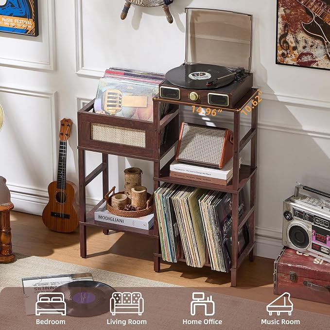LELELINKY Record Player Stand, Vintage Walnut Wood Record Holder with Vinyl Storage Holds up to 300+ Albums, 3-Tier Rattan Media Table with Vinyl Display Shelf, Record Storage Cabinet for Living Room