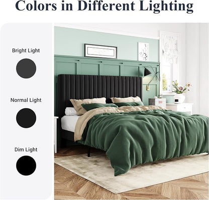 Allewie Queen Bed Frame, Velvet Upholstered Platform Bed with Vertical Channel Tufted Headboard, Mattress Foundation with Strong Wooden Slats, Box Spring Optional, Easy Assembly, Black