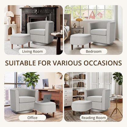 Swivel Accent Chair with Storage Ottoman, Small Modern Linen Barrel Chair, Upholstered Armchair with Footrest for Living Room/Reading/Bedroom, 24.8'' D x 25.38'' W x 25.6'' H, White