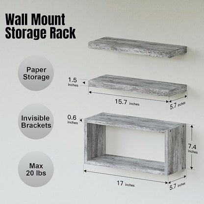 RICHER HOUSE Floating Shelves Set of 3, Farmhouse Bathroom Wall Mounted Shelves with Invisible Brackets Over Toilet, Wall Shelves for Bathroom Bedroom, Living Room, Kitchen - Rustic White