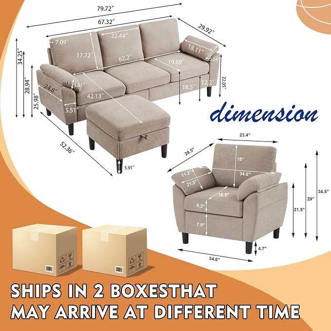 3 Piece Convertible Sectional Sofa Set, Modern Linen Small L Shaped Couch with Reversible Ottoman and Accent Chair, 3-Seat Sofa Couches for Living Room, Office, Apartment, Beige