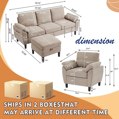 3 Piece Convertible Sectional Sofa Set, Modern Linen Small L Shaped Couch with Reversible Ottoman and Accent Chair, 3-Seat Sofa Couches for Living Room, Office, Apartment, Beige
