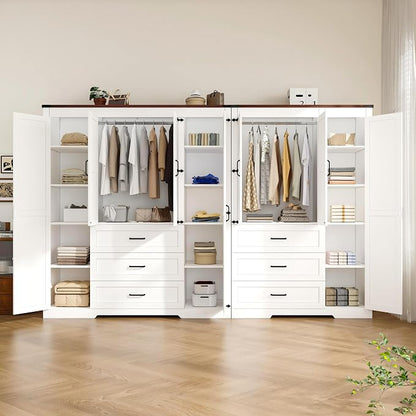 70" Tall Wardrobe Closet with 7 Doors & 6 Drawers, Farmhouse Armoire with Hanging Rod, Wooden Armoire Wardrobe Closet for Bedroom, Freestanding Clothing Storage Cabinet, White