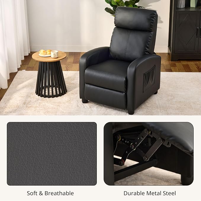 Leather Recliner Chair for Living Room, Modern Adjustable Home Theater Seating Single Sofa with Adjustable Backrest & Padded Armrests, Manual Push Back Armchair for Small Spaces,Black