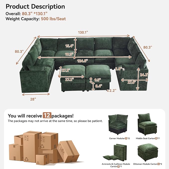 130" Green Oversized Modular Storage Sofa, U Shaped Chenille Cloud Couch | Oversized Convertible Sectional Sofa, 9-Seat Sectional Couch With 2 Ottomans, Large Cloud Couch For Living Room, Apartment.