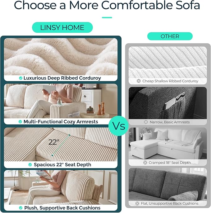 LINSY HOME Sectional Sofa with Pull Out Bed, 6 Seats Corduroy Reversible Sleeper Sofa with Storage Seats & Chaises, USB Ports, Cup Holders, Side Pocket, Sectional Couches for Living Room, Beige