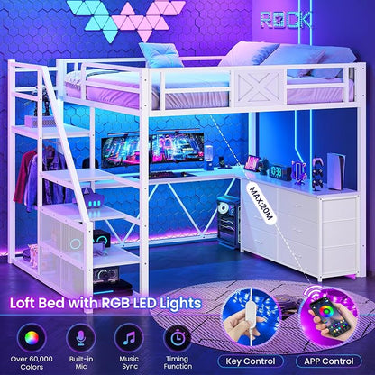Itaar Full Size Loft Bed with Desk and Storage Stairs, Metal Loft Bed with 6 Storage Drawers, Hall Tree, LED Lights and Power Outlet, for Kids, Teens, Adults, (White, Full)