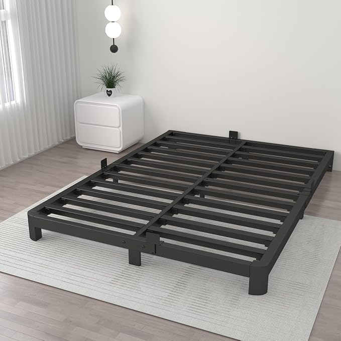 ITIMIDI 4 Inch Queen Bed Frame No Box Spring Needed, Platform Bed Frame with Metal Gaskets, Heavy Duty Steel Slat Support, Anti-Slip Mattress Stopper, Round Corner Leg, Easy Assembly, Black