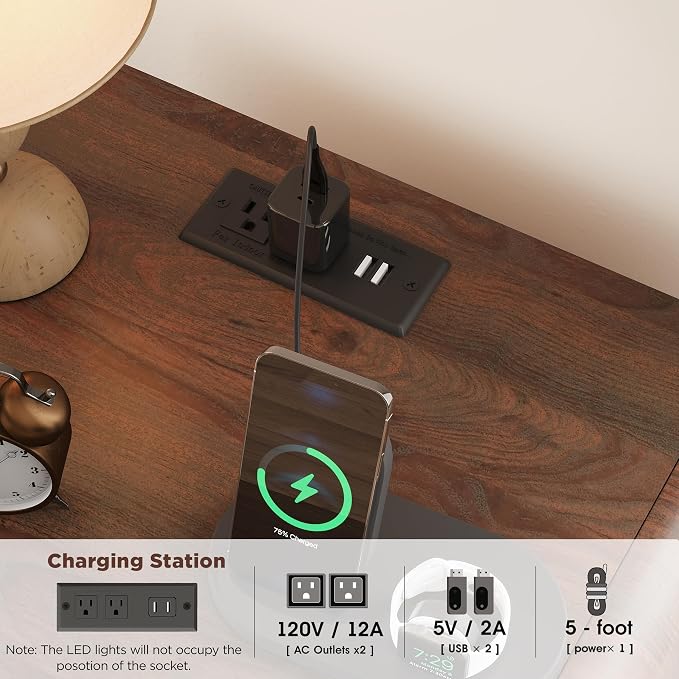Nightstand with Charging Station and LED Lights, Night Stands with Adjustable Storage Cabinet, Modern Side Table with Fluted Doors and Open Storage, Bedside Table for Bedroom, Walnut