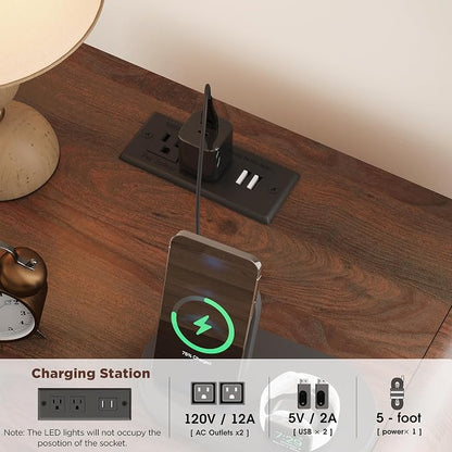 Nightstand with Charging Station and LED Lights, Night Stands with Adjustable Storage Cabinet, Modern Side Table with Fluted Doors and Open Storage, Bedside Table for Bedroom, Walnut