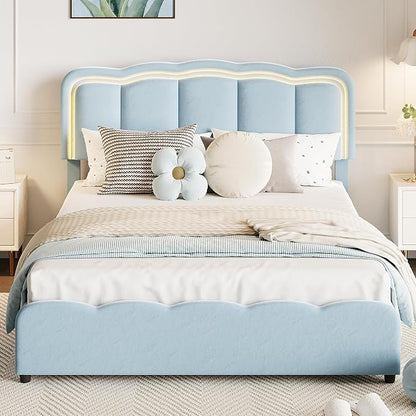 Garvee Full Size Bed Frame with 2 Storage Drawers and LED Lights, Upholstered Platform Full Bed with Adjustable Headboard, Wooden Slats Support, No Box Spring Needed, Easy Assembly, Blue