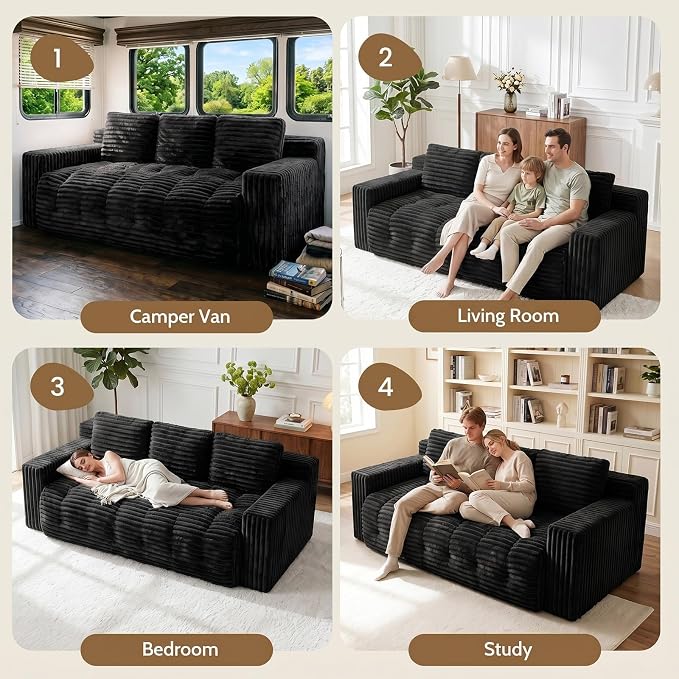70” Boneless Couch, 3 Seater Sofa Couch with Extra Deep Seats 3 Pillows,Corduroy Modern Small Couch for Living Room, Office, Bedroom, Apartment,Black