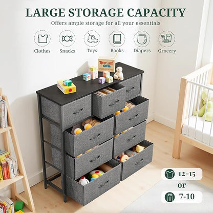 9-Drawer Dresser for Bedroom, Anti-Tip Tall Storage Organizer Chest of Drawers with Wooden Top and Metal Frame Fabric Bins for Closet, Living Room, Hallway, Entryway, Gray