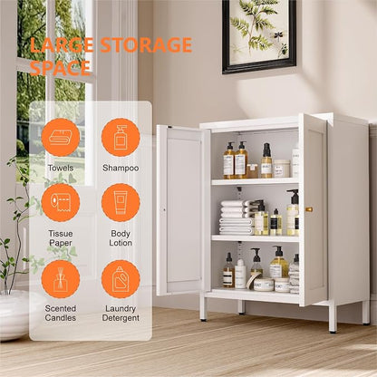 Metal Bathroom Cabinet, Small Floor Storage Cabinet, Freestanding Sideboard with 2 Adjustable Shelves for Living Room, Dining Room (White, 31.5" H-2 Doors)