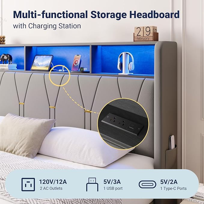 Allewie Queen Bed Frame with 2-Tier Storage Headboard, Charging Station & LED Light, Velvet Upholstered Platform Bed with 2 Drawers, Wingback Headboard, Gold Button Tufted, No Box Spring Needed, Grey