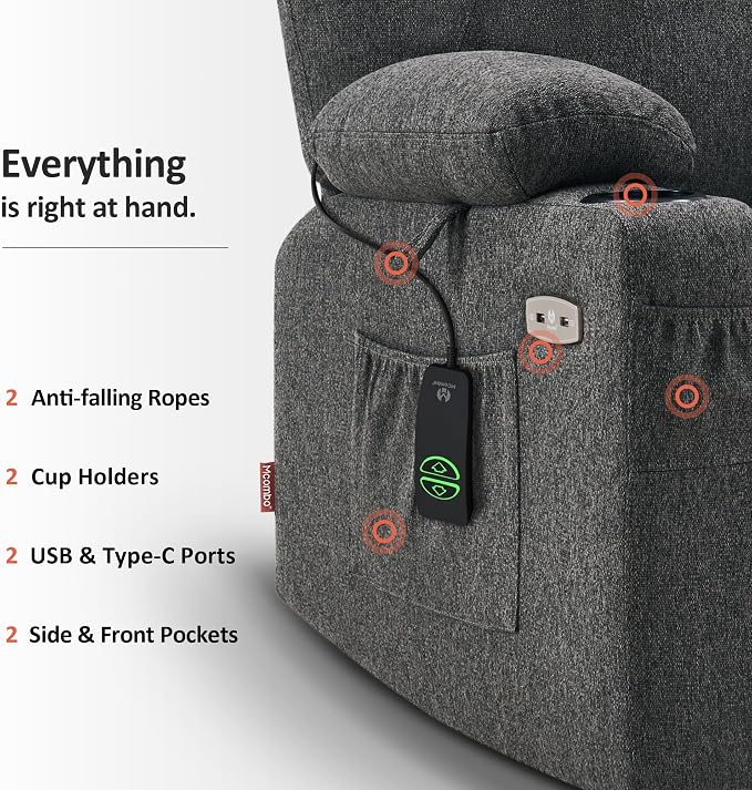 MCombo Power Lift Recliner Chair for Elderly, Lift Chair with Heat and Massage, FSC Certified, USB&Type C Ports, Cup Holders, Fabric 7040 (Medium, Gray)