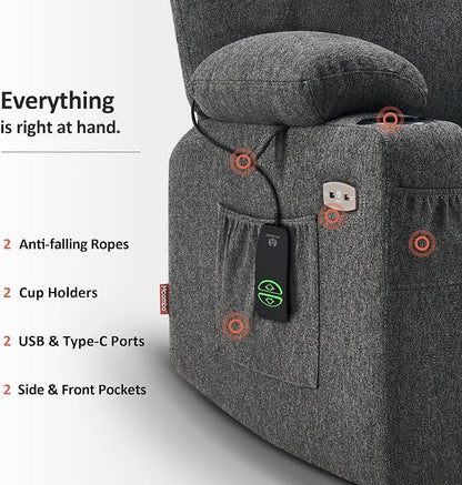 MCombo Power Lift Recliner Chair for Elderly, Lift Chair with Heat and Massage, FSC Certified, USB&Type C Ports, Cup Holders, Fabric 7040 (Medium, Gray)