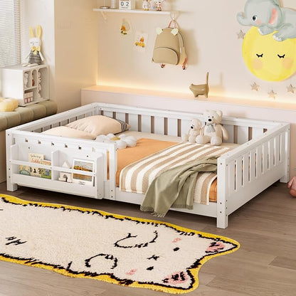 Bellemave White Montessori Floor Bed with Fence and Slats, Full Size Montessori Floor Bed with Bookcase and High Rails, Easy Assemble Bed Frame for Girls, Boys, Full
