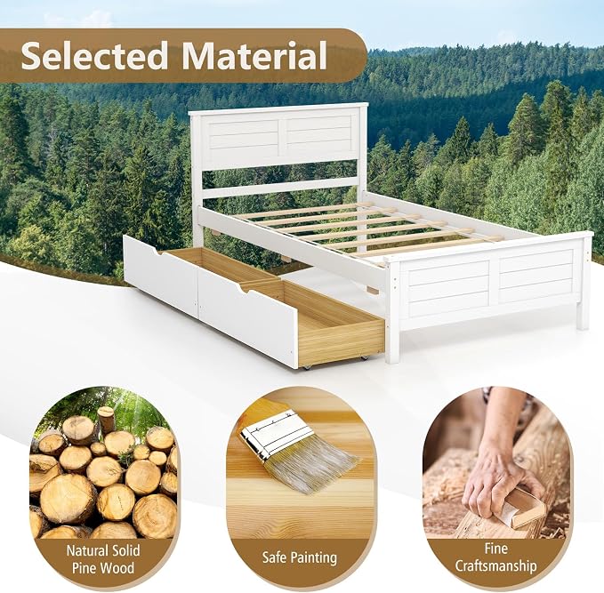 KOMFOTT Twin Size Wood Bed Frame with 2 Storage Drawers, Mid Century Platform Bed Frame with Headboard, Sturdy Wooden Slats Support, Modern Mattress Foundation, No Box Spring Required, Easy Assembly