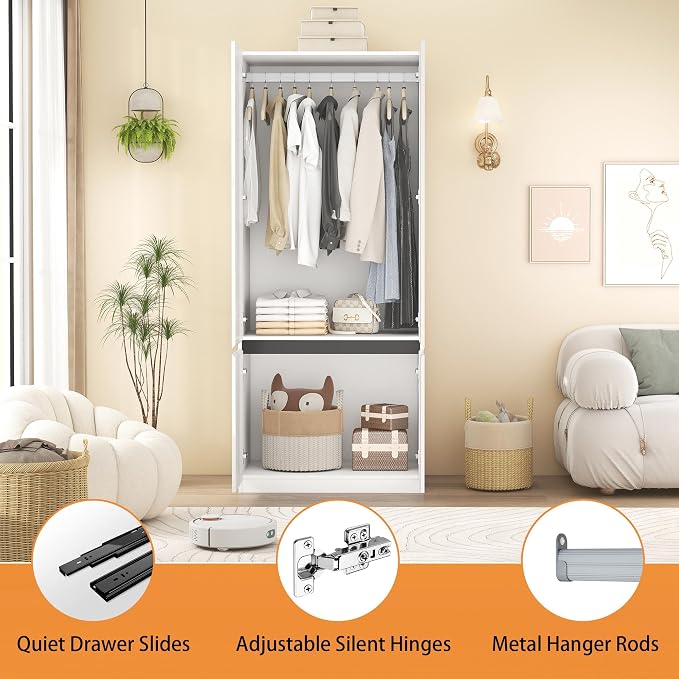 Armoire Wardrobe Closet with Doors: 75" White Large Wardrobe Closet with 4 Doors, Clothes Cabinets for Bedroom Armoires with Storage, Wood Wardrobes Closets for Hanging Clothes (C+C, 63")