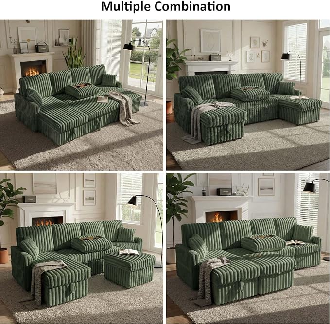 KCGKCG 104" U Shaped Sleeper Sofa Bed, Sectional Couches for Living Room, Plush Corduroy Pull Out Couch Bed with Storage, Modular Sectional Couch with Charging Station, Cup Holder, Side Pocket, Green