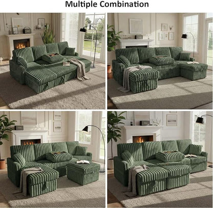 KCGKCG 104" U Shaped Sleeper Sofa Bed, Sectional Couches for Living Room, Plush Corduroy Pull Out Couch Bed with Storage, Modular Sectional Couch with Charging Station, Cup Holder, Side Pocket, Green