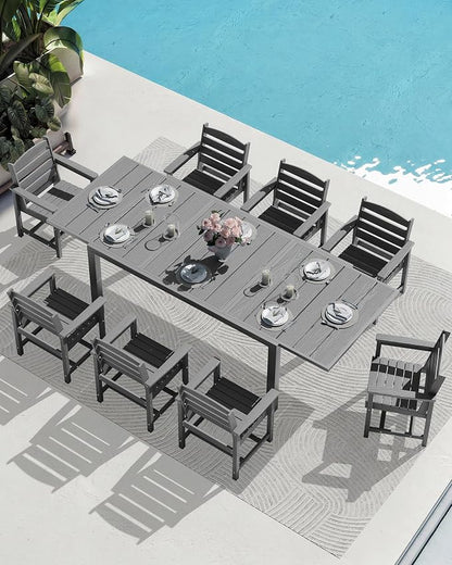 SERWALL 10-Piece Patio Dining Sets with 15FT Patio Umbrella, Grey | 60" - 83" Expandable Outdoor Dining Table and 8 HDPE Chairs, All Weather HDPE Outdoor Furniture Set