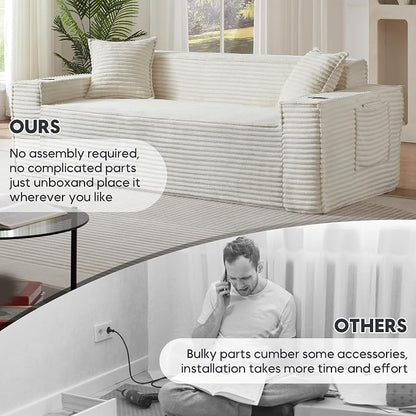 Boneless Sectional Sofa 3 Piece Set with Cup Holders & Side Pockets, Luxury Corduroy Fabric Deep Seat Cloud Couch Living Room, Office, No Assembly (White)
