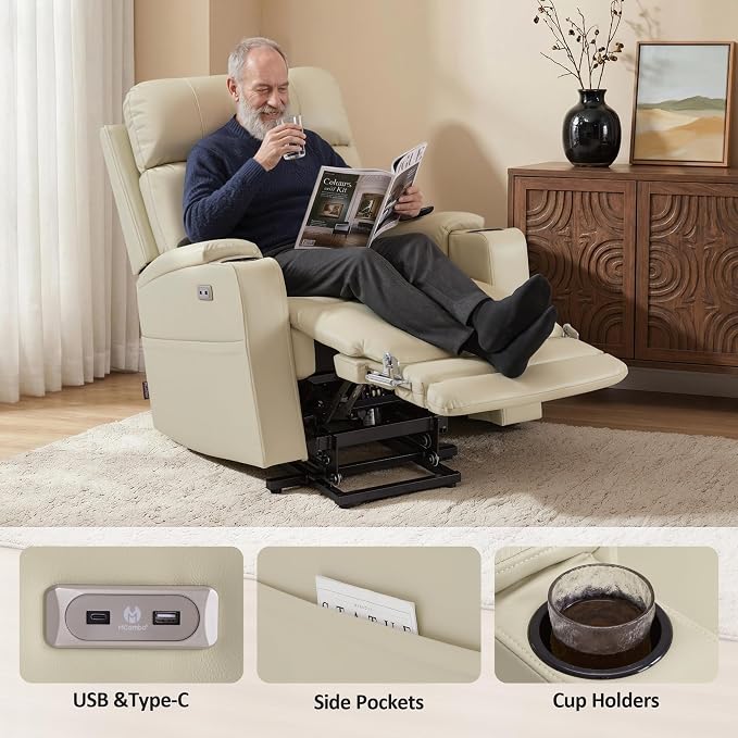 MCombo Lift Chair for Tall Man 6‘6’’, Dual Motor Power Lift Recliner Chair for Elderly, Lay Flat for Sleeping, Heat and Massage, USB & Type C, Faux Leather 7755 (Cream White)