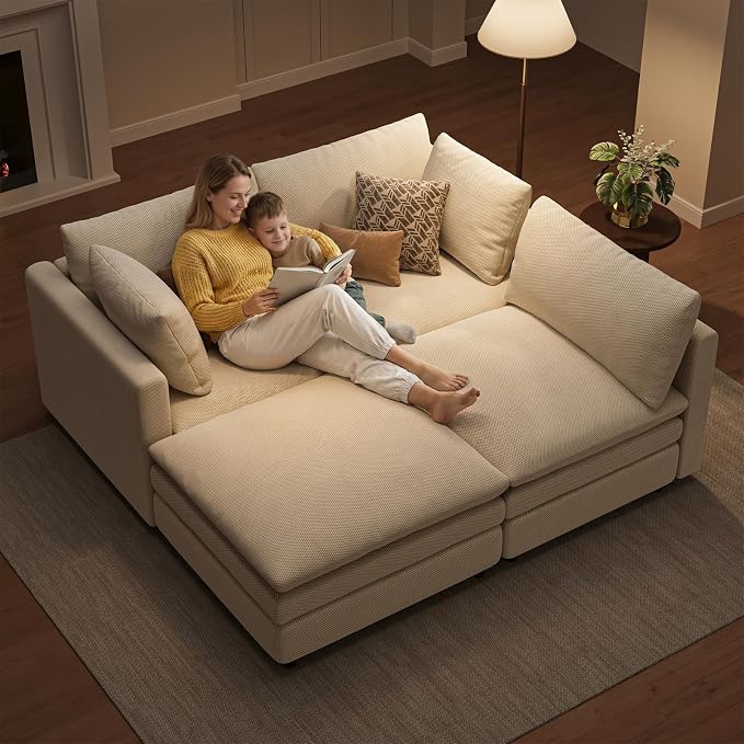 97" Cloud Couches for Living Room, 29.1" Deep Seat Modular Sectional Sofa, L Shaped Cloud Sofa with One Movable Ottoman