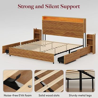 Queen Size Bed Frame with 2 Bedside Storage Racks & 4 Locking Drawers, 51.2" Tall Headboard with Charging Station & RGB LED Lights, Farmhouse Platform Bed Frame, No Box Spring Needed, Brown