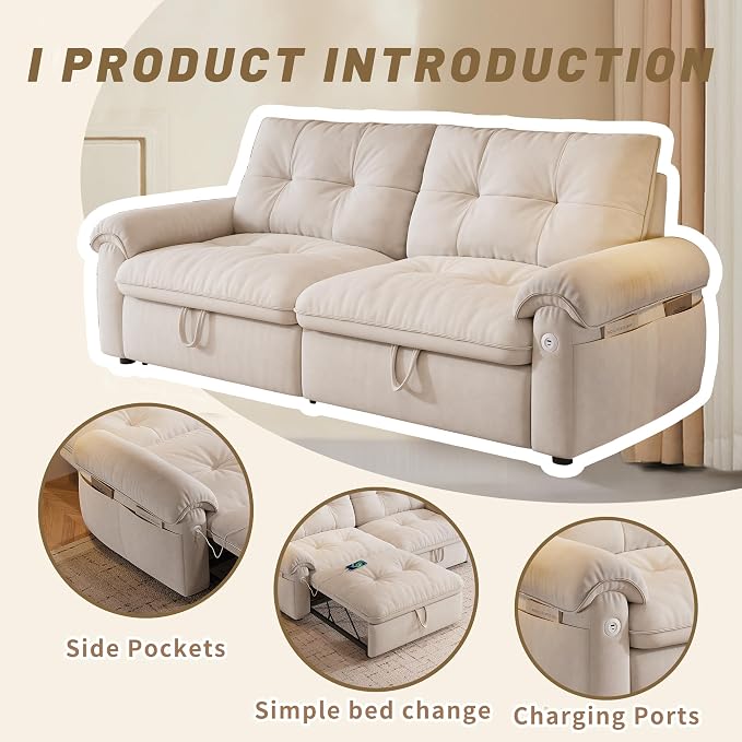 77.2'' Pull Out Couch Full Size, Pre-Assembled Sleeper Sofa Bed, Flannel Convertible Futon Sofa Bed with Adjustable Backrest, USB, Side Pocket, Loveseat for Living Room, Apartment, Beige