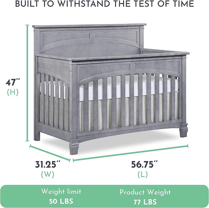 Evolur Santa Fe 5-in-1 Convertible Crib in Storm Grey, Greenguard Gold Certified, Features 3 Mattress Heights, Wooden Nursery and Bedroom Furniture, Baby Crib