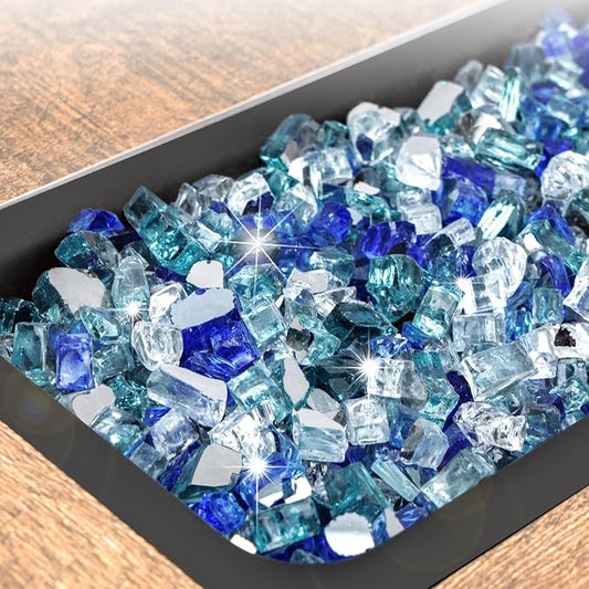 GASPRO 20 lbs Fire Glass for Propane Fire Pit, 1/2-Inch Reflective Fireplace Glass Rocks for Fire Pit Table, Blend of Cobalt Blue, Caribbean Blue and Platinum