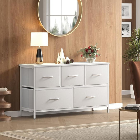 OLIXIS White Dresser for Bedroom, Wide Chest of Drawers for Clothes Storage | Fabric Bedroom Dresser with 5 Drawers, Storage Organizer Unit with Fabric Bins, Wooden Top, Living Room